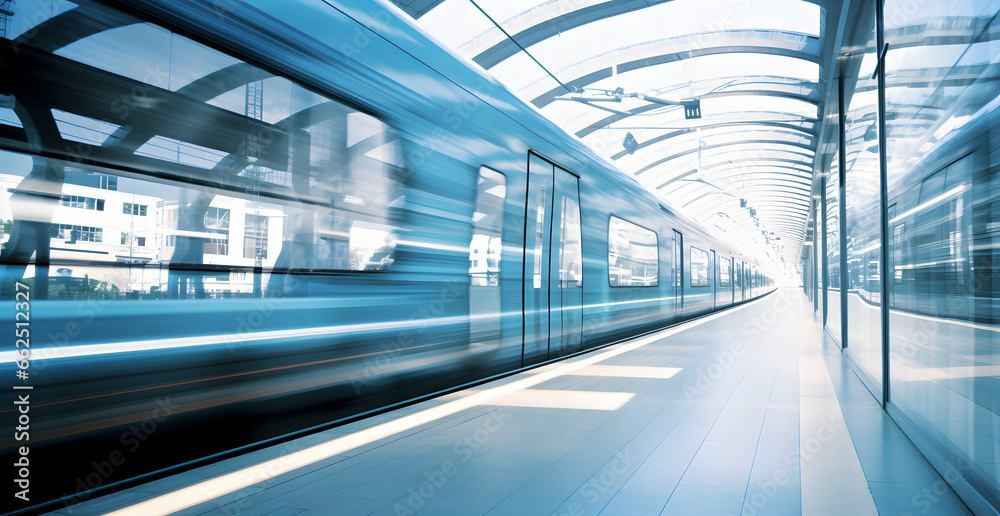 Moving Blue light escalator in subway, urban train motion blurred behind glass