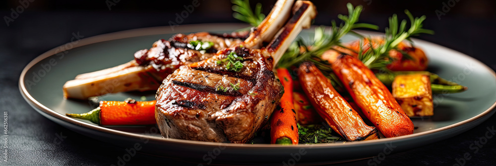 Delicious grilled lamb chops with roasted carrots on a chic marble in the restaurant.