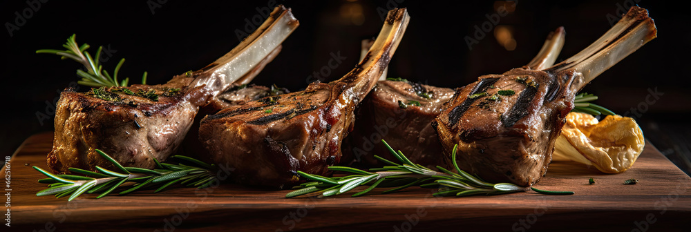 Grilled Lamb Chops on the wooden table in the restaurant.