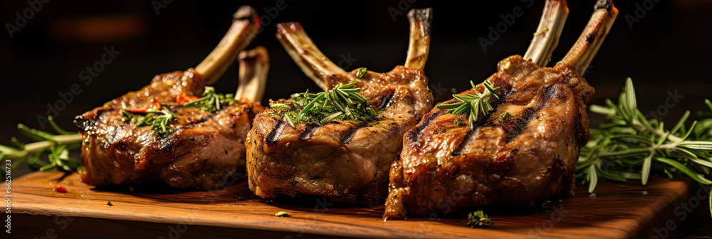 Grilled Lamb Chops on the wooden table in the restaurant.