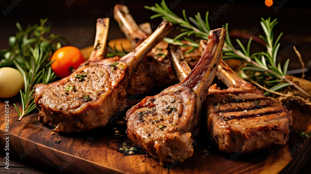 Grilled Lamb Chops on the wooden table in the restaurant.