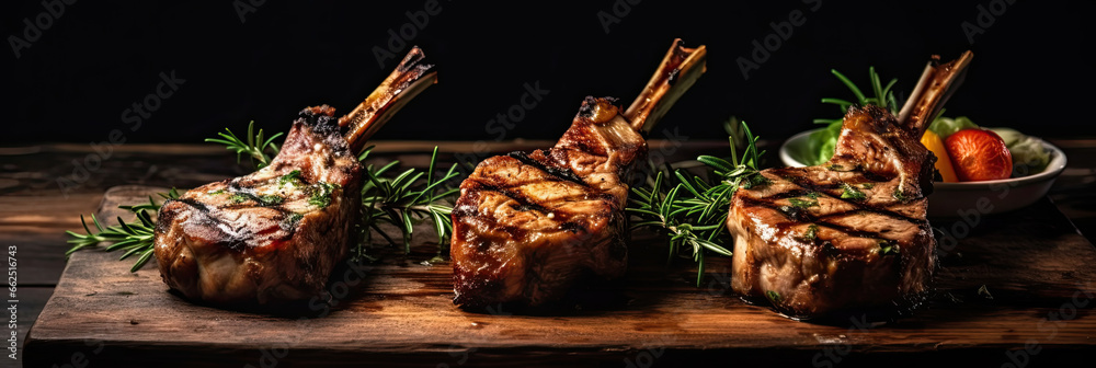 Grilled Lamb Chops on the wooden table in the restaurant.