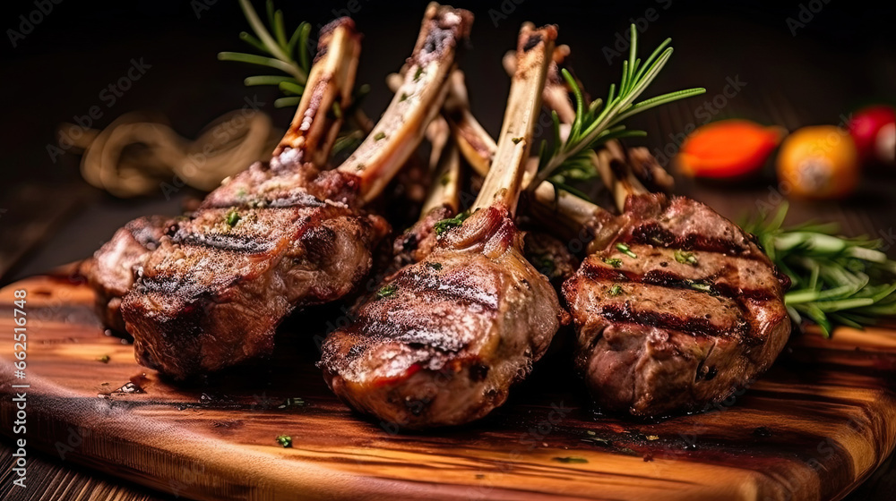 Grilled Lamb Chops on the wooden table in the restaurant.