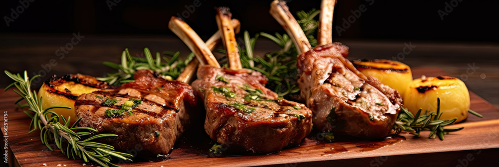 Grilled Lamb Chops on the wooden table in the restaurant.