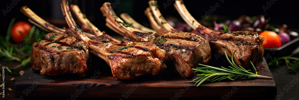 Grilled Lamb Chops on the wooden table in the restaurant.