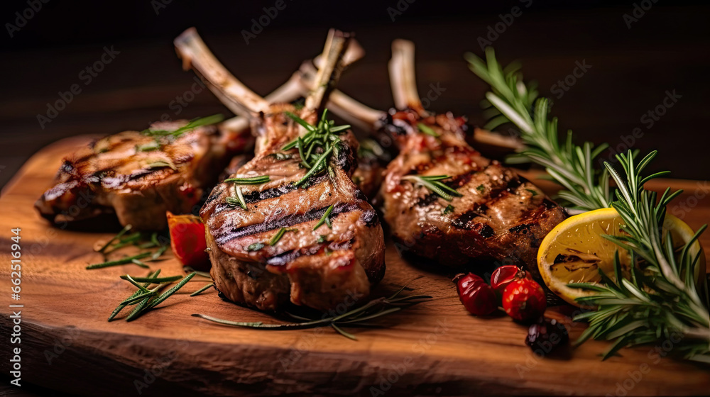 Grilled Lamb Chops on the wooden table in the restaurant.