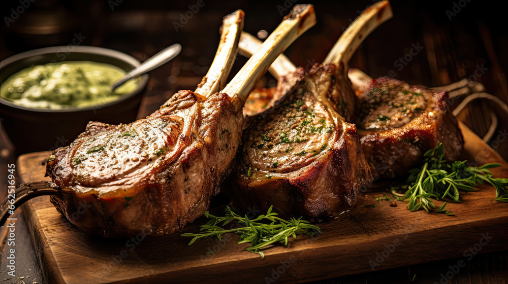 Rack of lamb, with mustard and garlic sauce on the wooden table.