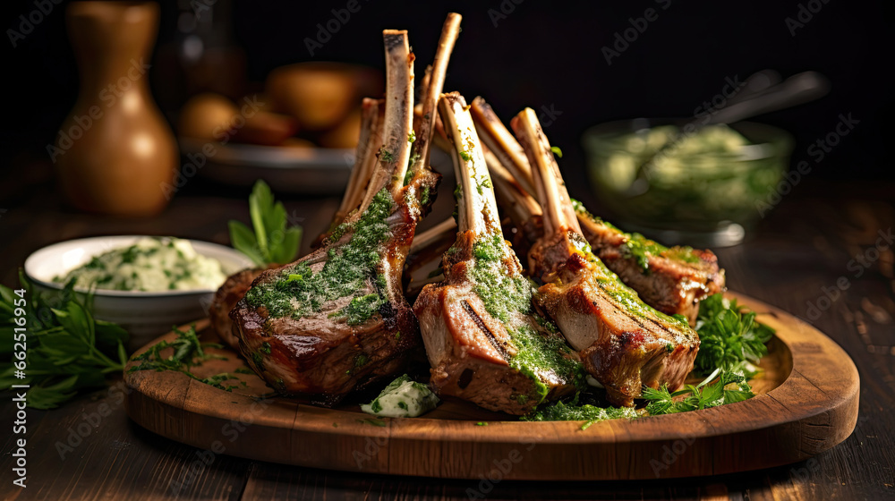 Rack of lamb, with mustard and garlic sauce on the wooden table.