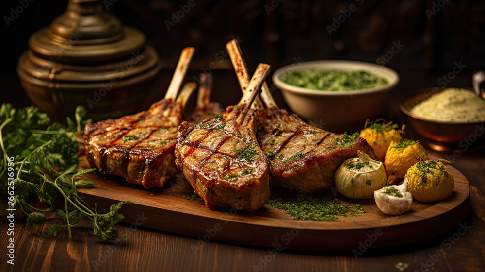 Rack of lamb, with mustard and garlic sauce on the wooden table.