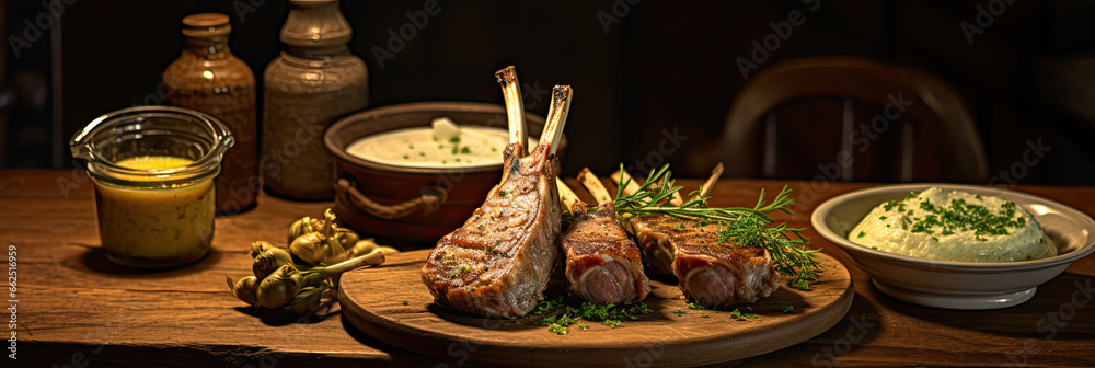 Rack of lamb, with mustard and garlic sauce on the wooden table.