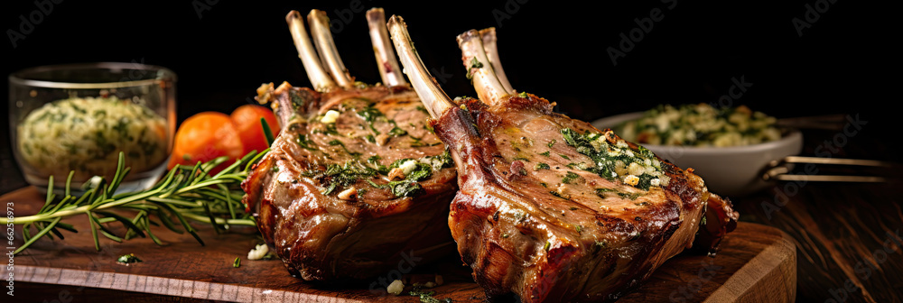 Rack of lamb, with mustard and garlic sauce on the wooden table.