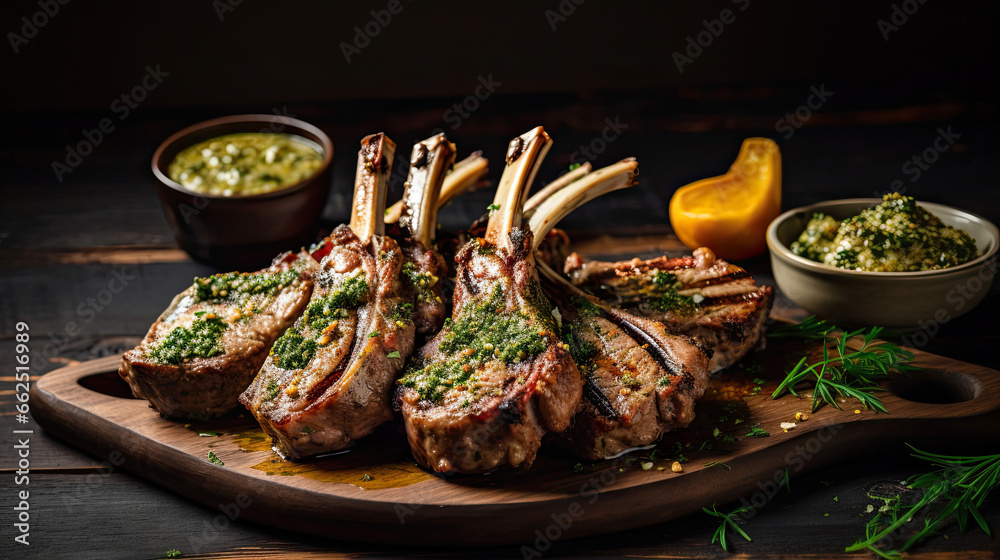 Rack of lamb, with mustard and garlic sauce on the wooden table.