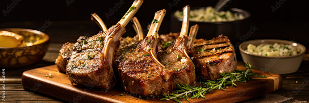 Rack of lamb, with mustard and garlic sauce on the wooden table.