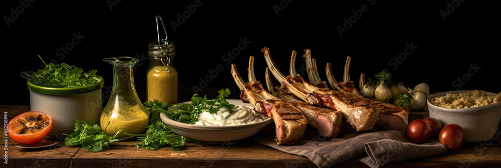 Rack of lamb, with mustard and garlic sauce on the wooden table.