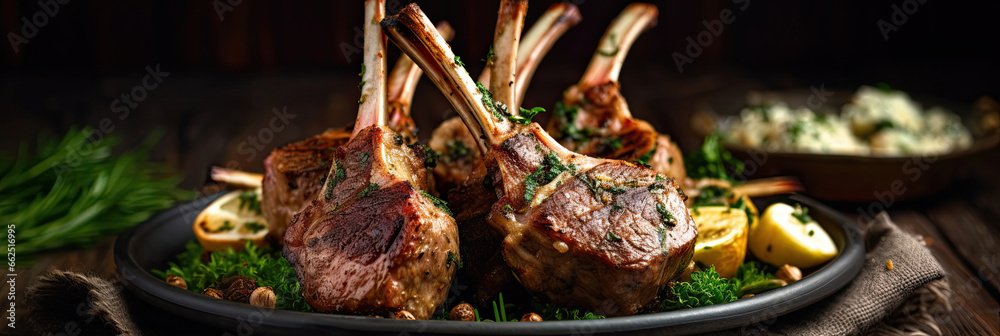 Rack of lamb, with mustard and garlic sauce on the wooden table.