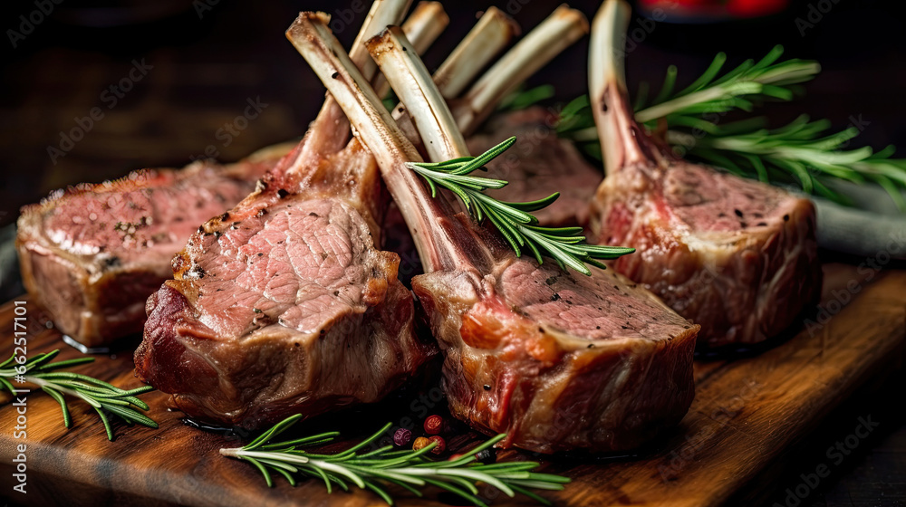 Raw racks of lamb  with rosemary freshly cooked on the wooden table in the restaurant.