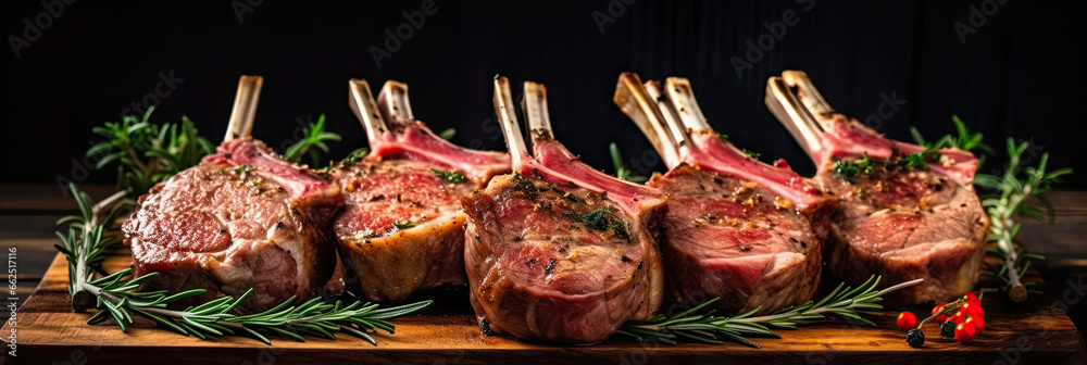 Raw racks of lamb  with rosemary freshly cooked on the wooden table in the restaurant.