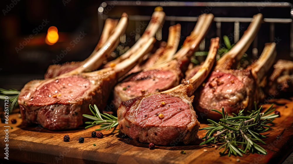 Raw racks of lamb  with rosemary freshly cooked on the wooden table in the restaurant.