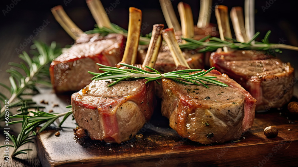 Raw racks of lamb  with rosemary freshly cooked on the wooden table in the restaurant.