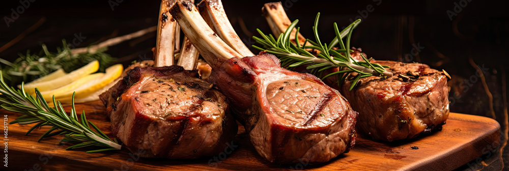 Raw racks of lamb  with rosemary freshly cooked on the wooden table in the restaurant.