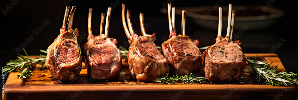 Raw racks of lamb  with rosemary freshly cooked on the wooden table in the restaurant.