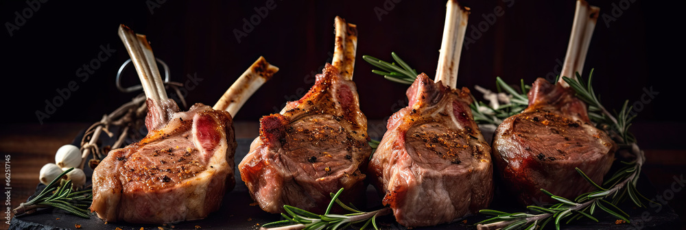 Raw racks of lamb  with rosemary freshly cooked on the wooden table in the restaurant.