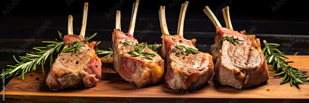 Raw racks of lamb  with rosemary freshly cooked on the wooden table in the restaurant.