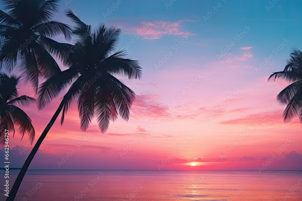  the sun is setting over the ocean with palm trees in the foreground.  generative ai