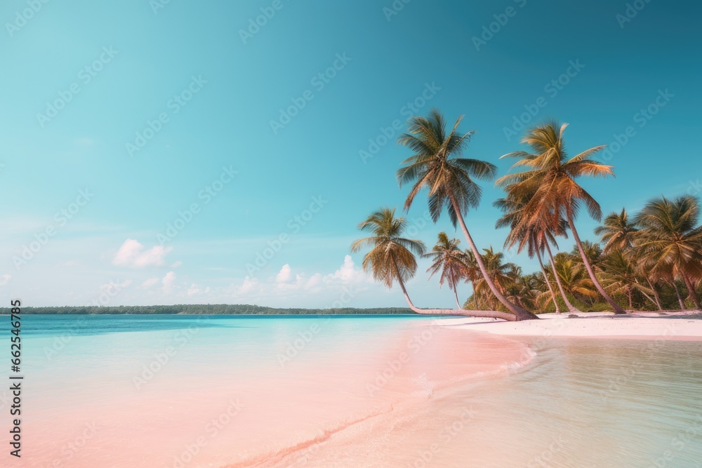  a sandy beach with palm trees on the side of it.  generative ai