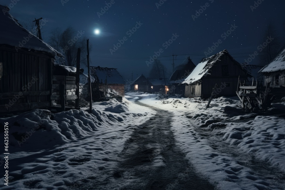  a snowy street with a full moon in the sky above it.  generative ai