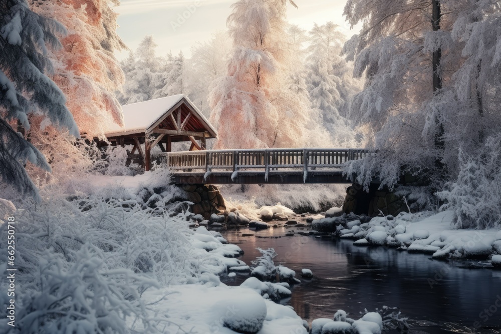  a bridge over a stream in a snowy forest with snow covered trees.  generative ai