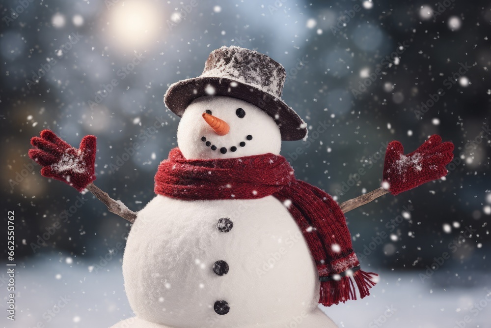  a snowman wearing a hat and scarf with his hands in the air.  generative ai