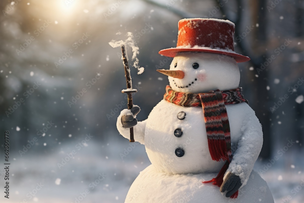  a snowman with a red hat and scarf holding a stick.  generative ai