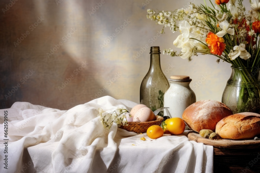  a table topped with bread and flowers next to a vase of flowers.  generative ai