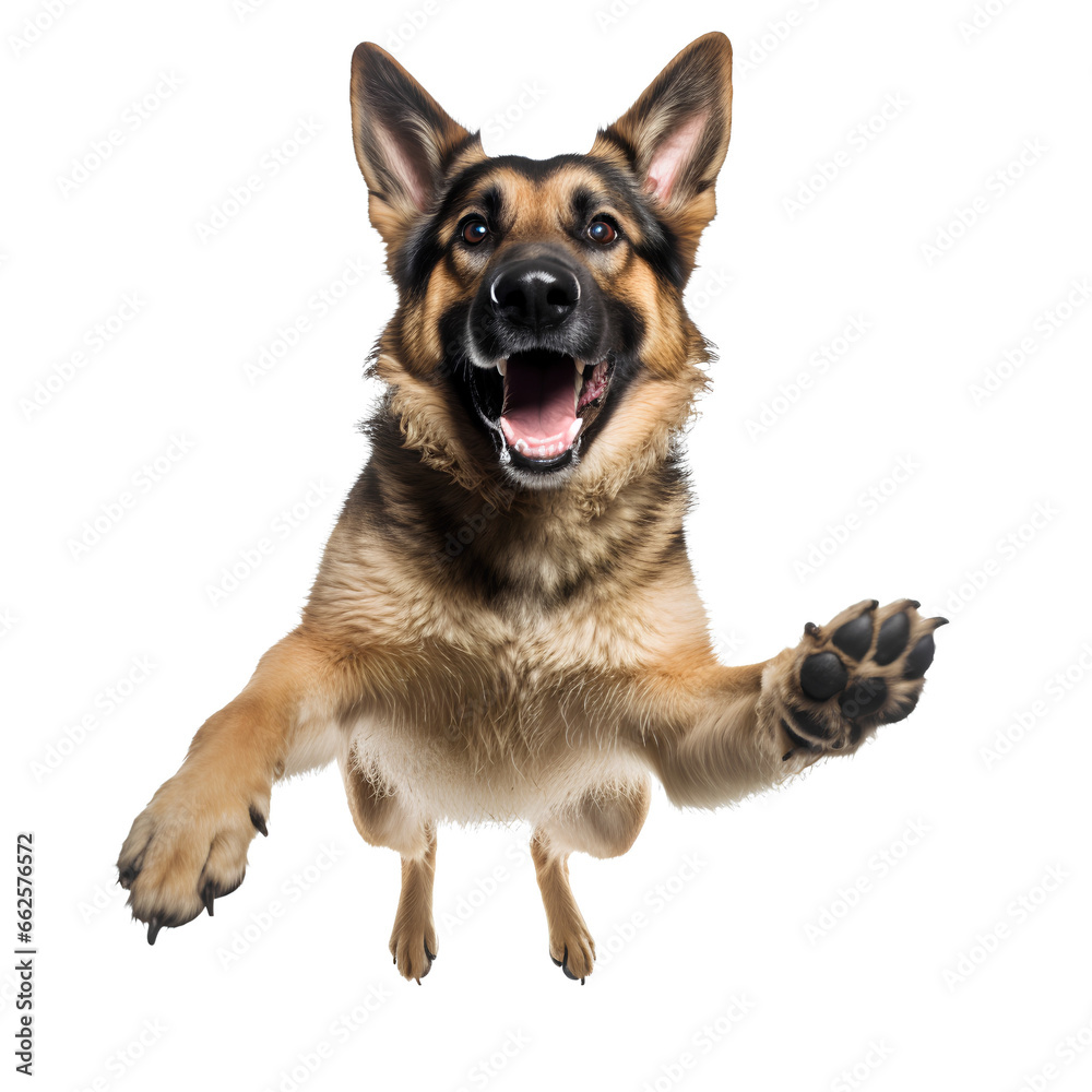 German Shepherd dog jumping with happiness on transparent background PNG