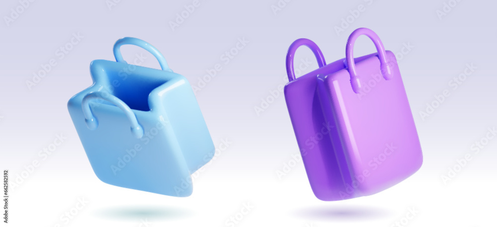 Shopping bag 3d - realistic vector illustration set of two flying paper packages with handles for carrying store purchases. Discount or sale concept and icons of empty floating shopper or present pack