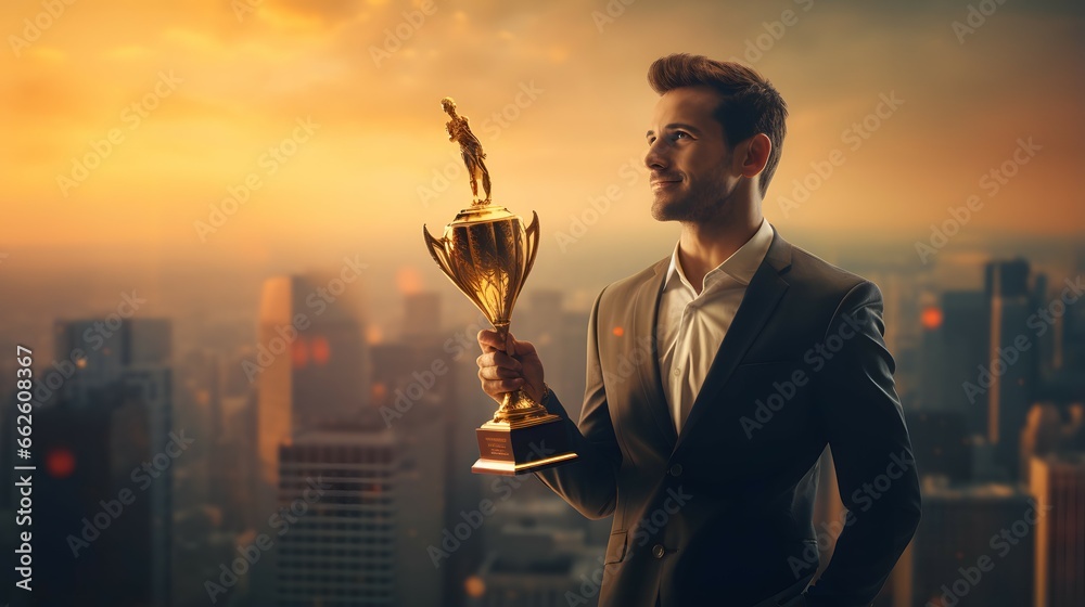 businessman holding a gold trophy