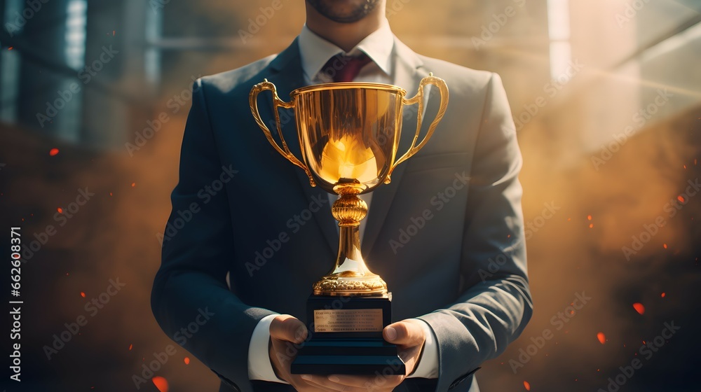 businessman holding a gold trophy