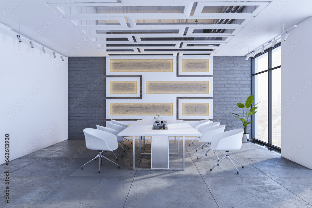 Modern meeting room interior with window and city view, decorative wall and furniture. 3D Rendering.