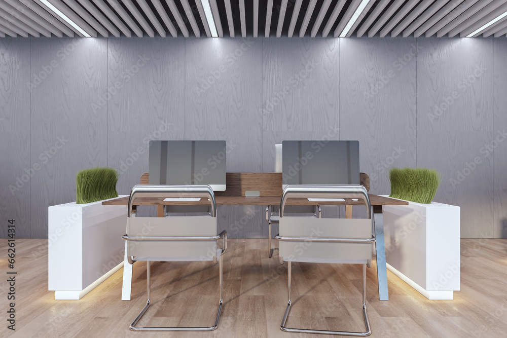 New coworking office interior with wooden flooring, furniture and plant partitions. 3D Rendering.