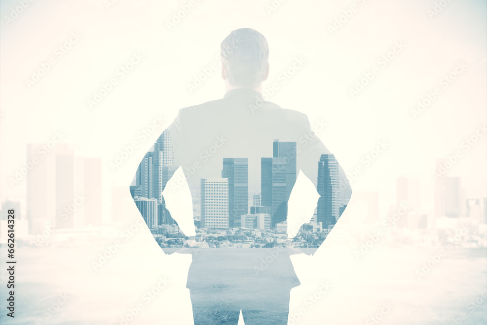 Back view of young male standing on white bright city background with mock up place. Future, success and career concept. Double exposure.