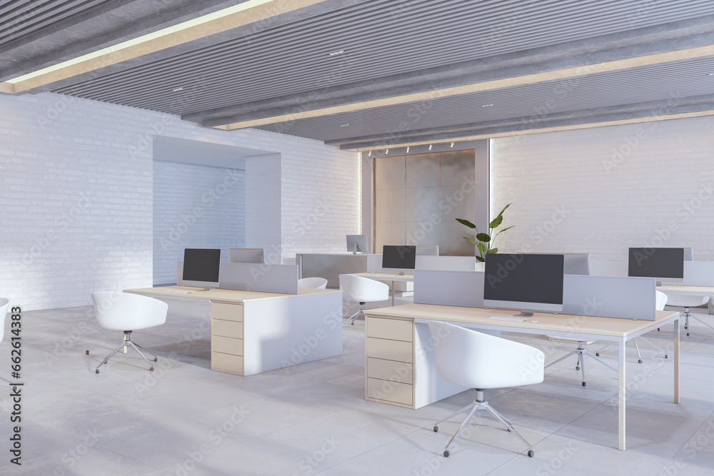 Modern bright coworking office interior with furniture and daylight. 3D Rendering.