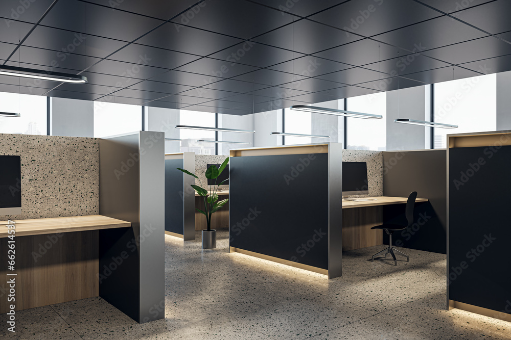 Dark coworking office interior with partitions and workplaces, window with city view and daylight. 3D Rendering.