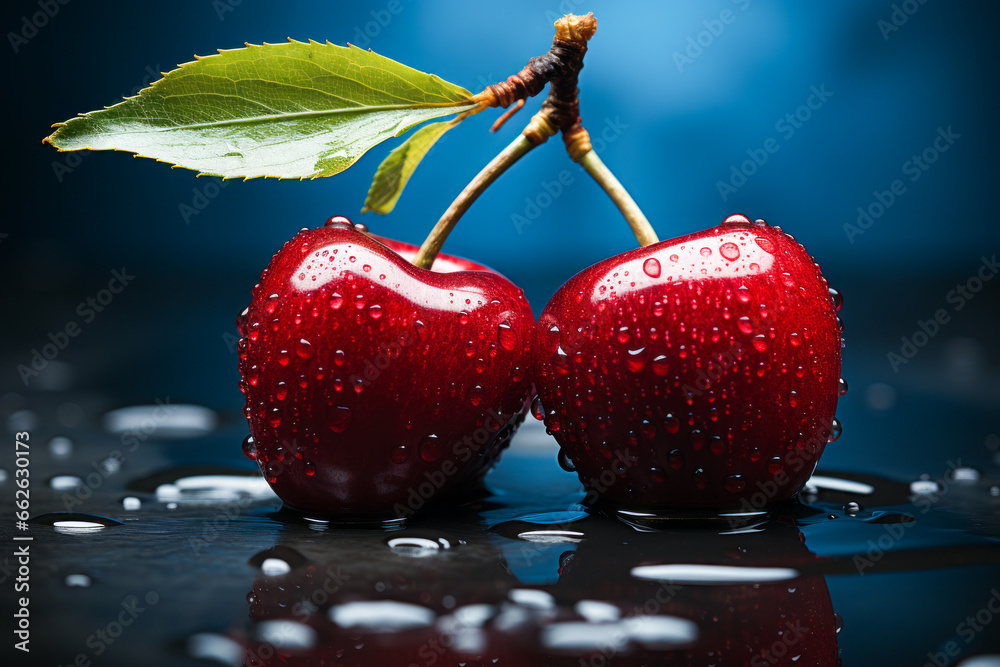 Two cherries with green leaf on top of them.