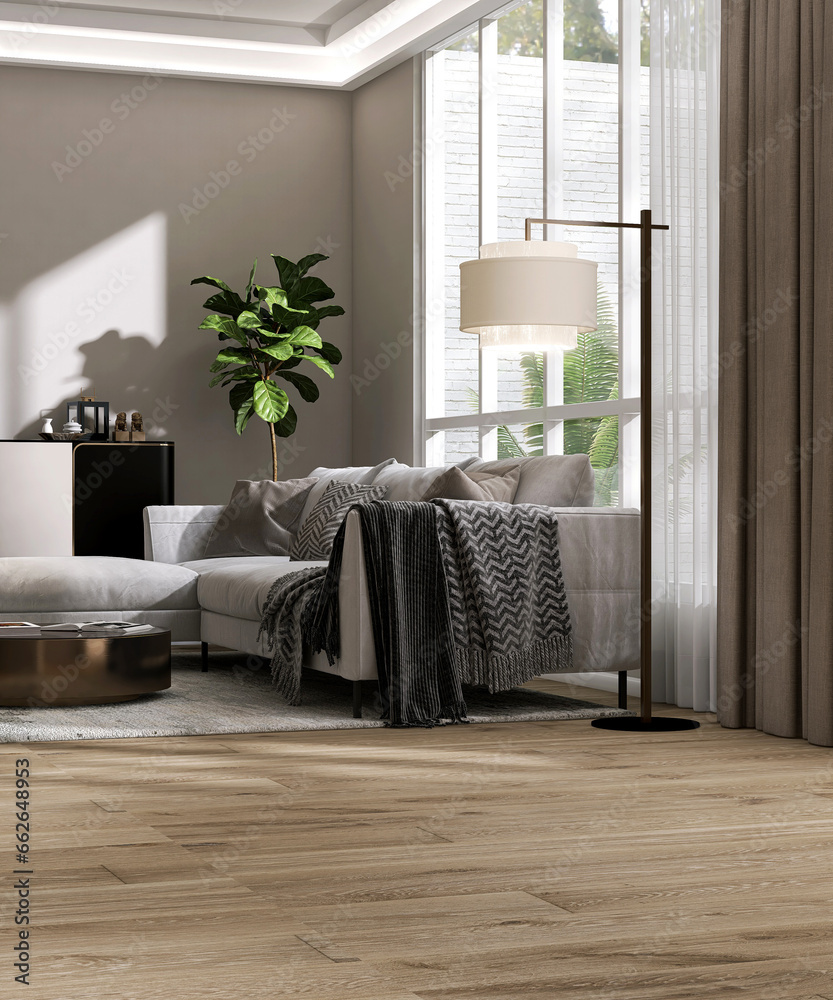 Wood laminated parquet floor of luxury living room with gray daybed sofa, coffee table on shag rug, cabinet in sunlight from window by courtyard. Interior design decoration, product background 3D