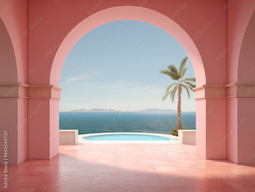 Abstract architectural design on the backdrop of the ocean with sunset and sunrise on the beach. Bright arches in the wall overlooking the sea and tropical palm trees - card for travel.	 