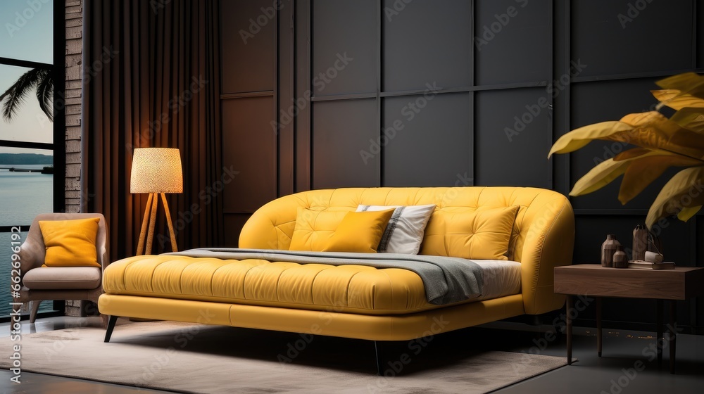 Modern yellow king size bed in bedroom.