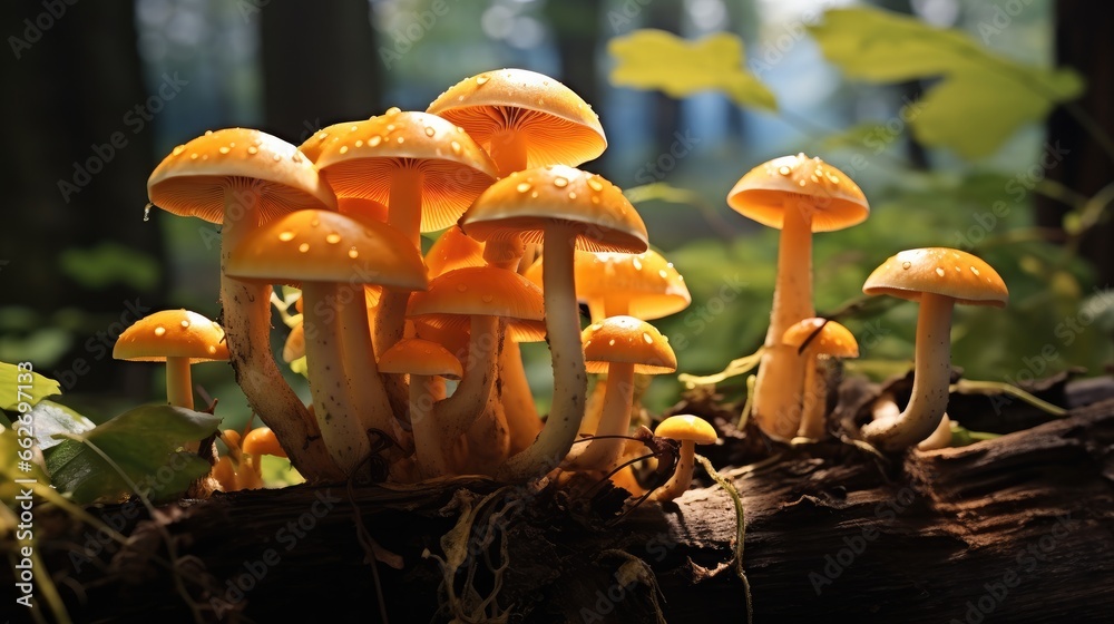 Orange jack o lantern mushrooms cluster, Pancake mushroom.