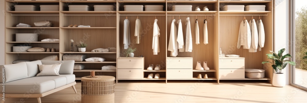 Walk in closet and wardrobe in beige tones with wooden design in an open area.