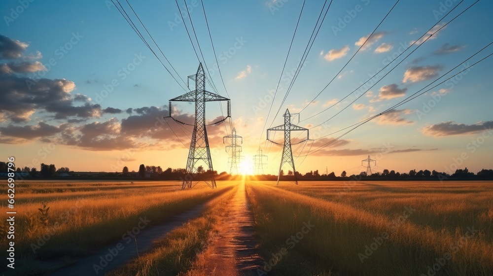 High voltage electrical towers next to a power plant at sunset.